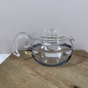 Vintage Pyrex Flameware Glass Teapot 6 Cup 7756 Heat Proof Blue Tint USA Made